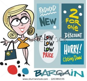 stock-vector-vector-cartoon-of-smiling-woman-with-shopping-bargain-signs-120389335