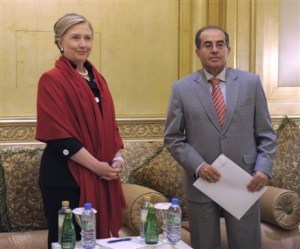 Secretary of State Hillary Rodham Clinton meets with Mahmoud Jibril, executive bureau chairman of the transitional national council in Libya, during a bilateral meeting at the Emirates Palace Hotel in Abu Dhabi, United Arab Emirates, Thursday, June 9, 2011. (AP Photo/Susan Walsh, POOL)