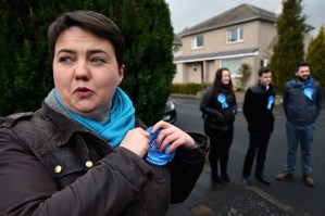 EDINBURGH, SCOTLAND - MARCH 31:  Scottish Conservative leader Ruth Davidson, joins activists campaigning on March 31, 2015 in Edinburgh, Scotland. Scottish Conservatives reveal new figures in relation to the Scottish Governments widely criticised changes to stamp duty, during the second day of general election campaigning.  (Photo by Jeff J Mitchell/Getty Images)